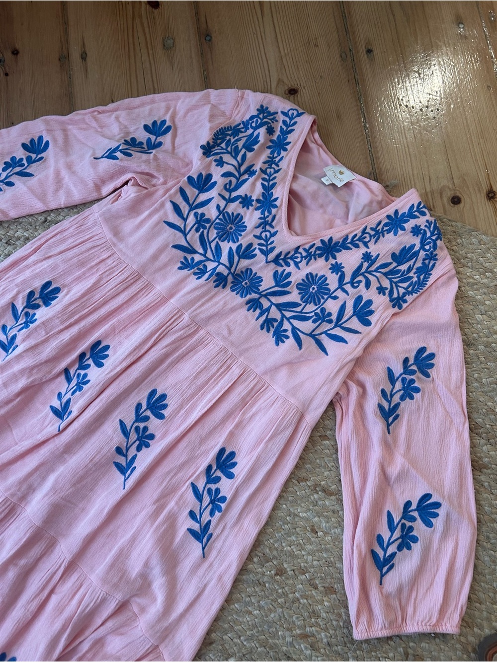J.Marie Pink Embroidered V-Neck Dress with Blue Floral Detail